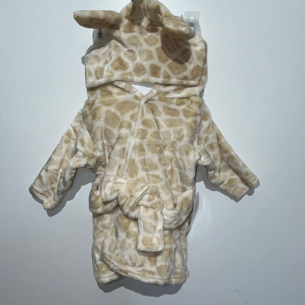 Hudson Baby Tan Plush Animal Face Giraffe Print Hooded Bathrobe Size 0-9 M NWT